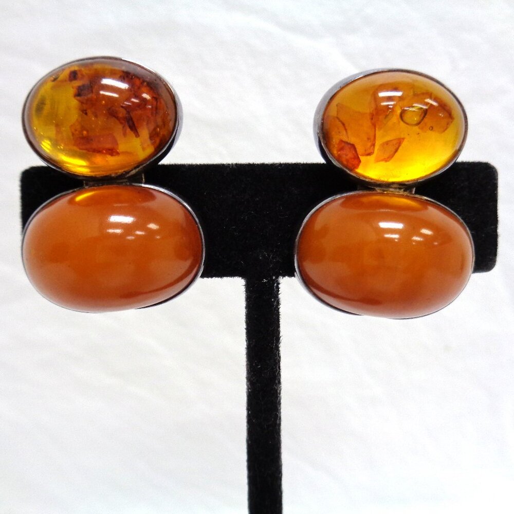 Rebecca Collins Sterling Silver Amber and Orange Jade Clip On Earrings